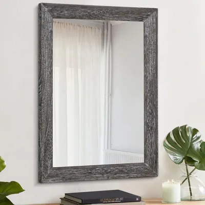 Immagine prodotto di Specchio da parete 50x40 cm, cornice in legno, forma rettangolare, stile rustico, colore grigio scuro, ideale per camera da letto o bagno, da appendere