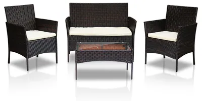 Produktbild von Vigevee Polyrattan Lounge Set 4-teilig Schwarz mit 2 Sesseln, 2-Sitzer Sofa, Glastisch und dicken Kissen