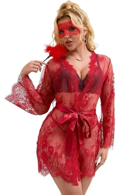 Obrázek produktu pro Dámské kimono, krajkové, dlouhý rukáv, průsvitný župan, sada erotického spodního prádla, červená barva, velikost M-L