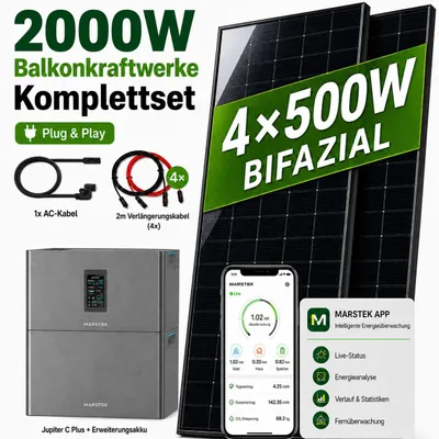 Produktbild von Balkonkraftwerk 2000Wp mit 5,12kWh Speicher, 4x500W bifaziale Glas-Glas Solarmodule, MARSTEK Jupiter C Plus mit Erweiterungsakku