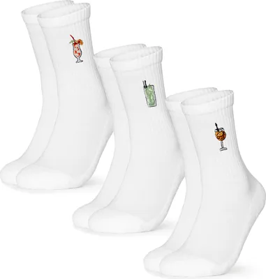 A group of white socks with embroidered cocktail designs.