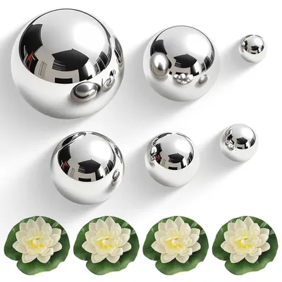 6 Schwimmkugeln aus Edelstahl, silber, mit 4 Schwimmblumen