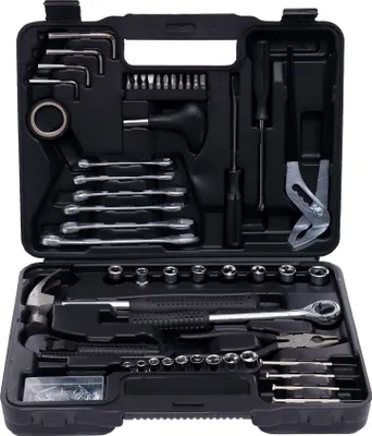 A black tool case filled with various tools.