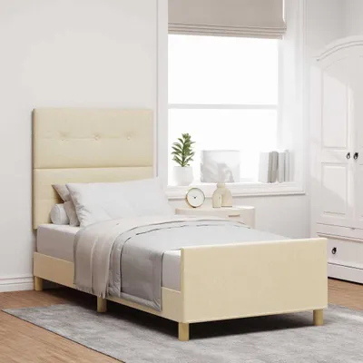 Zdjęcie produktu dla Maison Exclusive – stelaż łóżka z zagłówkiem w kolorze kremowym, 90 x 200 cm, obity tkaniną
