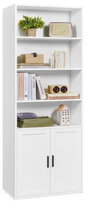 Image de Bibliothèque à 6 étagères avec portes, modèle LBC402W01, dimensions 24 x 60 x 175 cm, couleur blanche