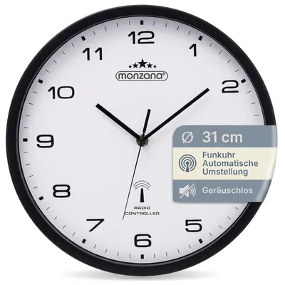 Produktbild von MONZANA Funkwanduhr Geräuscharm Schwarz Weiß 31cm Groß