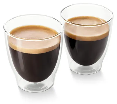 Zdjęcie produktu dla 2-częściowe szklanki Tchibo do Caffè Crema, z podwójnymi ściankami, o nowoczesnym wzornictwie, do gorących i zimnych napojów