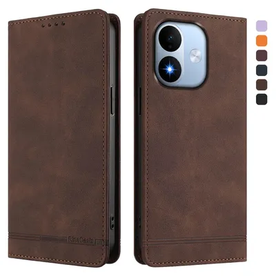 Image de Étui pour Xiaomi Redmi Note 17 4G, coque rabattable en cuirPolyuréthanerétro avec support et compartiments pour cartes, couleur marron