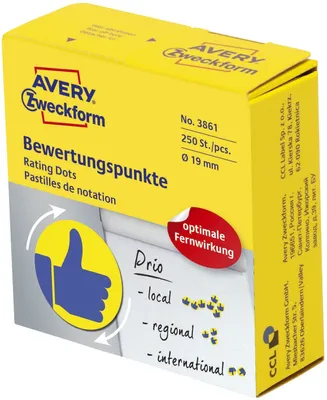 Produktbild von Avery Zweckform - Bewertungspunkte, Durchmesser 19 mm, Rolle mit 250 Stück, blau/gelb, Daumen