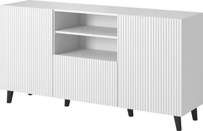 Produktbild von Kommode PAFOS 150 cm WEIß MATT schwarze beine mit gefräster fronten MDF 2 Türen, 1 Schublade Sideboard Highboard Schrank offene Regale Büfett
