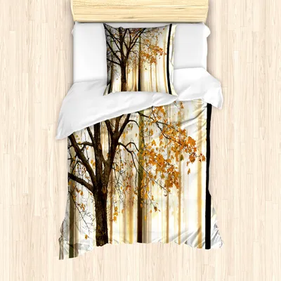 Produktbild von ABAKUHAUS Herbst Mantele, Baum in der Zusammenfassung Woods, Milbensicher Allergiker geeignet mit Kissenbezügen, 135 cm x 200 cm - 80 x 80 cm, Orange Braun