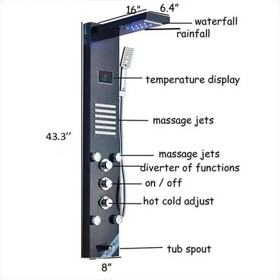 Produktbild von LED Duschpaneel - Regendusche Wasserfall 8004 - Körpermassage Düsen - Digitales Temperaturdisplay - Wannenarmatur Mit Auslauf - 304 Edelstahl - Schwarz