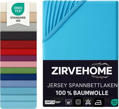 A product image showing a folded turquoise fitted sheet and a swatch of other available colors.