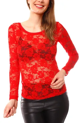 Productafbeelding van Easy Young Fashion - Dameslangarmshirt met kant - Transparante mesh blouse - Rood