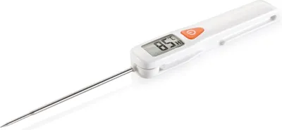 A digital thermometer with a foldable probe is shown against a white background.