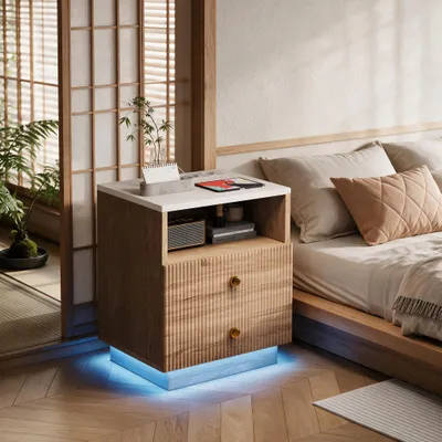 Productafbeelding van INONEFT Nachtkastje, set van 2, nachtkastje met LED-verlichting, USB-oplaadfunctie en 2 lades voor opbergruimte, bedtafel 44x38x55 cm, houtkleur