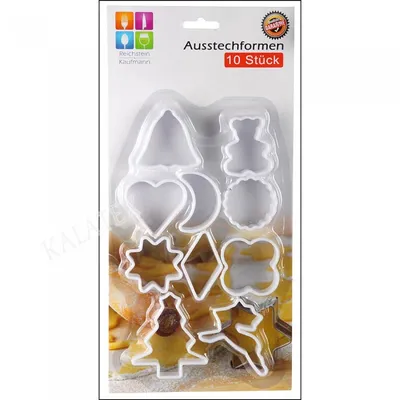 Produktbild von 10er Set Ausstechformen Weihnachtskekse Plätzchen Kekse Ausstecher Kunststoff je ca. 5-8 cm, u.a. Herz, Glocke, Bär, Mond, Tannenbaum, Elch