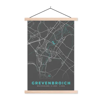 Produktbild von MuchoWow® Textilposter Stadtplan - Karte - Grevenbroich - Blau - Deutschland - Karte 120x180 cm mit holzfarbenen Rahmen - Textil-Plakat