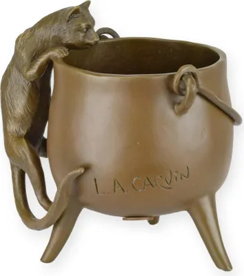 Produktbild von Bronzeskulptur Katze mit Topf nach Carvin Replikat Retro Design Dekoration