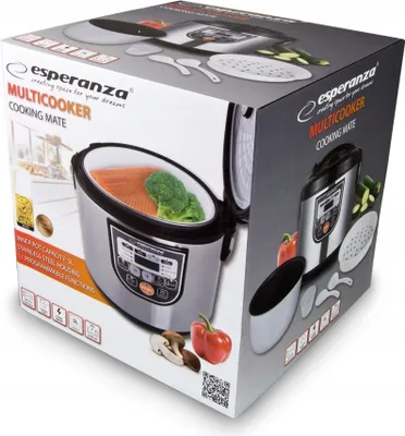 The image shows the packaging of a multicooker, with illustrations of the product and its features.