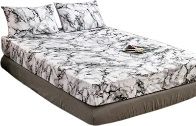 Produktbild von CANDeal 3 Pieces White Marble Printed Double Bed Sheet Set, 1 Fitted Sheet and 2 Pillow Cases, Polyester Luxury Bedding with 35CM Deep Pockets