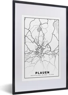 Produktbild von MuchoWow® Gerahmtes Poster Plauen - Karte - Stadtplan 40x60 cm - Poster mit Schwarzem Bilderrahmen Wandposter Rahmen Foto Bilder - Poster in Rahmen