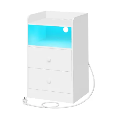 A white nightstand with two drawers and an open shelf illuminated with blue light.