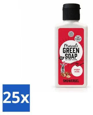 Imagen del producto de 25 unidades de gel de ducha "Marcel's Green Soap" con aceite de argán y oud, 100 ml cada uno. Paquete económico
