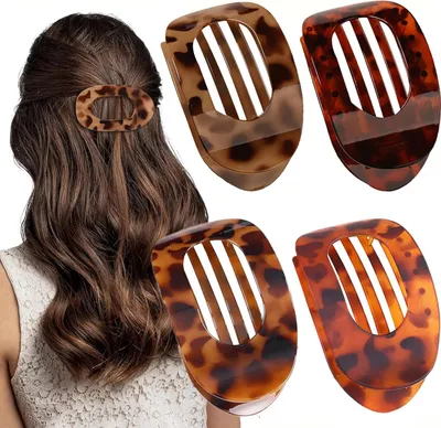 Produktbild von 4er Set Schildpatt Leopard Flache Haarklammern für Damen, Runde Lay Down Clips