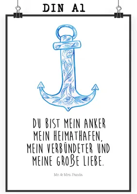 Produktbild von Mr. & Mrs. Panda Bild Anker Blau DIN A1 - Weiß - Geschenk, Plakat, wanddeko, Lustige Sprüche, Posterdruck, Deko, drucke