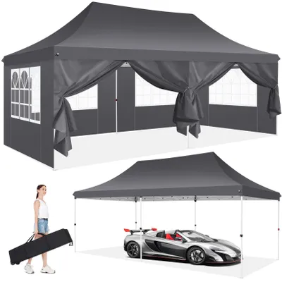 A woman carries a folded tent, and a tent is shown set up over a sports car.