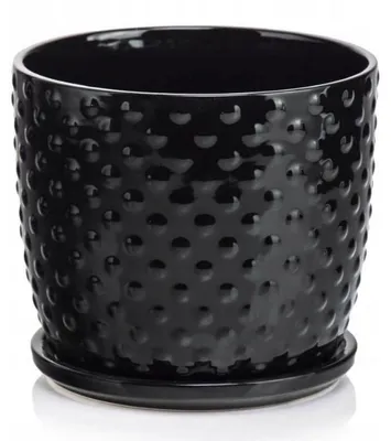 Productafbeelding van Keramische bloempot met voet, rond, zwart gematteerd, met afvoergat, diameter 13 cm, hoogte 12 cm