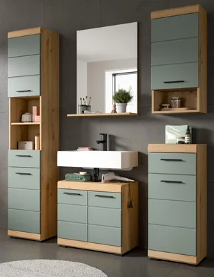Produktbild von Badmöbel Set "Shawn" Salbei grün und Artisan Eiche, Badezimmer 5-teilig 160 cm