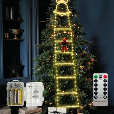 LED-Leiter mit Weihnachtsmann, 2 m, 136 LEDs, warmweiß, batteriebetrieben
