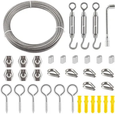 Productafbeelding van Ibenzoa® roestvrijstalen staalkabel, 20 meter, PVC-coating (304, 7x7) – Complete set met klemmen, spanbouten en accessoires voor binnen- en buitengebruik