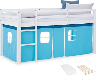 Image de Lit superposé 90x200 cm avec Matelas Lit mezzanine en Bois Pin Massif Rideau Bleu Sommier à lattes