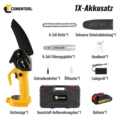 Produktbild von Mini Kettensäge Akku 21V Elektro Handkettensäge Astsäge Gartensäge 6 Zoll Schnittlänge 15 cm bürstenloser Motor 600 Watt mit Ladegerät 1 Batterie