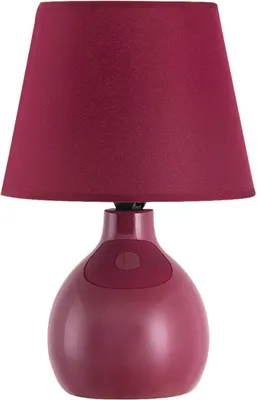 A red ceramic table lamp with a burgundy lampshade is shown against a white background.