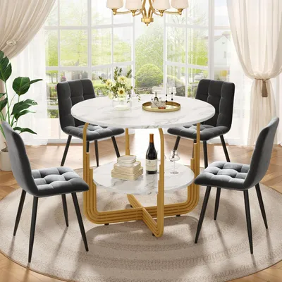 Productafbeelding van Eetset, 5-delig, bestaande uit een tafel met 4 stoelen, afmetingen 80x76 cm, grijs en goud, fluweel