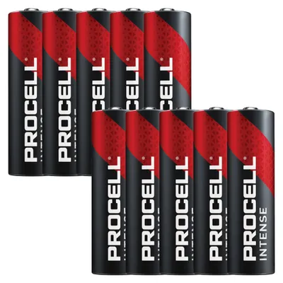 A group of ten Procell Intense Alkaline AA Mignon LR06 1.5V batteries are arranged in two rows against a white background.
