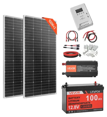 Zdjęcie produktu dla Kompletny zestaw paneli słonecznych VEVOR o mocy 400W, system solarny autonomiczny, zawierający: 2 panele słoneczne monokrystaliczne o mocy 200W, akumulator litowo-żelazowo-fosforanowy (LiFePO4) 12,8V 100Ah, kontroler ładowania MPPT 40A oraz falownik 12V 1000W. System fotowoltaiczny autonomiczny do użytku domowego