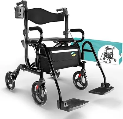 Productafbeelding van 2-in-1 rolstoel en rollator – Opvouwbare rollator met voetsteunen – Om te bouwen tot een transportstoel