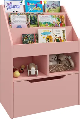 A pink children's bookshelf filled with books and toys.