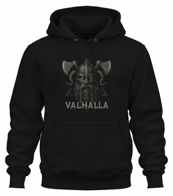 Imagen del producto de Sudadera con capucha uni, estilo vikingo, con motivos de Valhalla, Odín, un hacha, mitología nórdica y runas. Color: . Talla: L