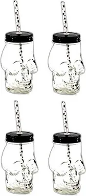 Produktbild von 4x Totenkopf Trinkglas mit Deckel und Trinkhalm Trinkbecher Schädel Cocktail