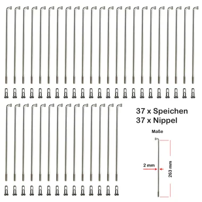 Produktbild von 37 Stück Speichen 263mm Spokes silber NIROSTA 2mm inkl. Messing Speichennippel
