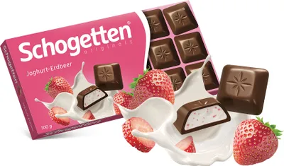 Produktbild von Schogetten Joghurt Erdbeer Alpenvollmilch Schokoladen Stücke 100g