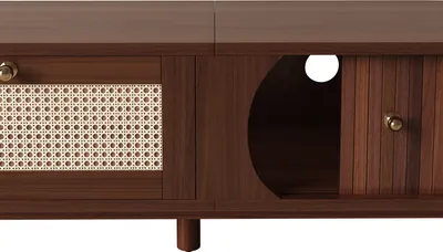 Immagine prodotto di mobile TV okwish, mobile TV, soluzione di archiviazione naturale per un ambiente rustico, con cassetti con ante in legno naturale e cassetti in rattan, naturale