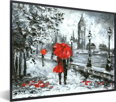 Produktbild von MuchoWow® Gerahmtes Poster Gemälde - Regenschirm - Öl 40x30 cm - Poster mit Schwarzem Bilderrahmen Wandposter Rahmen Foto Bilder - Kunstposter - Wanddekorationen