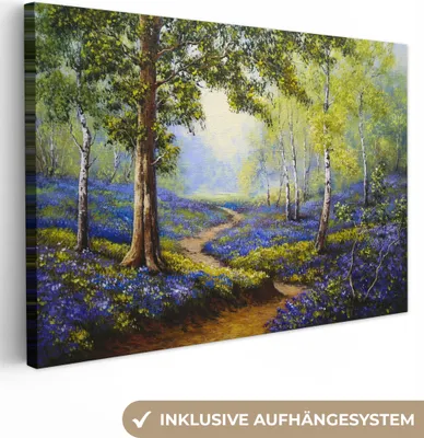 Produktbild von MuchoWow® - Leinwandbilder - Gemälde - Natur - Wald - Blumen - Ölfarbe, Wandbild, Wanddeko Bilder Wohnzimmer, 90x60 cm
